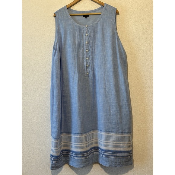 TALBOTS Womens Plus 22W Linen Shift Dress Midi Blue / White Coastal - Picture 2 of 7